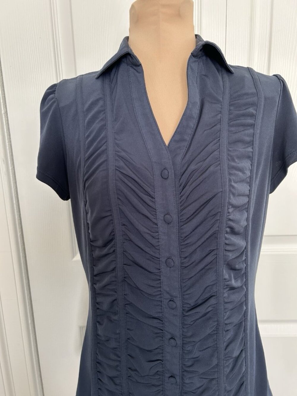 DressBarn Collared Short Sleeve Ruched Button Down Top Blue Size S